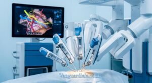 Brazos robóticos realizando una operación de precisión asistidos por IA en Medicina 2026.