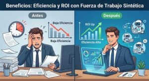 Comparativa antes y después de la implementación de una fuerza de trabajo sintética de IA, destacando el aumento del ROI y la eficiencia operativa.