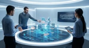Un equipo de tres desarrolladores, dos hombres y una mujer, supervisando un sistema de software complejo representado por una arquitectura holográfica azul con ayuda de una IA robótica.