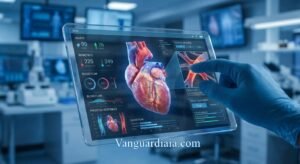Gemelos digitales y modelos cardíacos 3D analizados en tablet mediante IA en Medicina 2026.