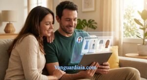 Pareja usando IA en Ecommerce 2026 para recibir recomendaciones personalizadas de productos sin abandonar el carrito.