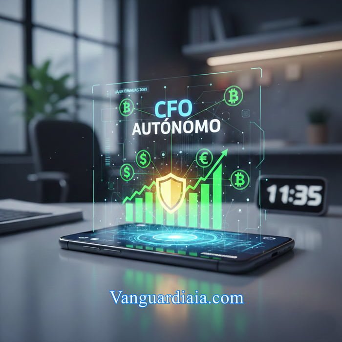 Agente autónomo de IA en Finanzas 2026 gestionando ahorros y presupuestos en un smartphone.