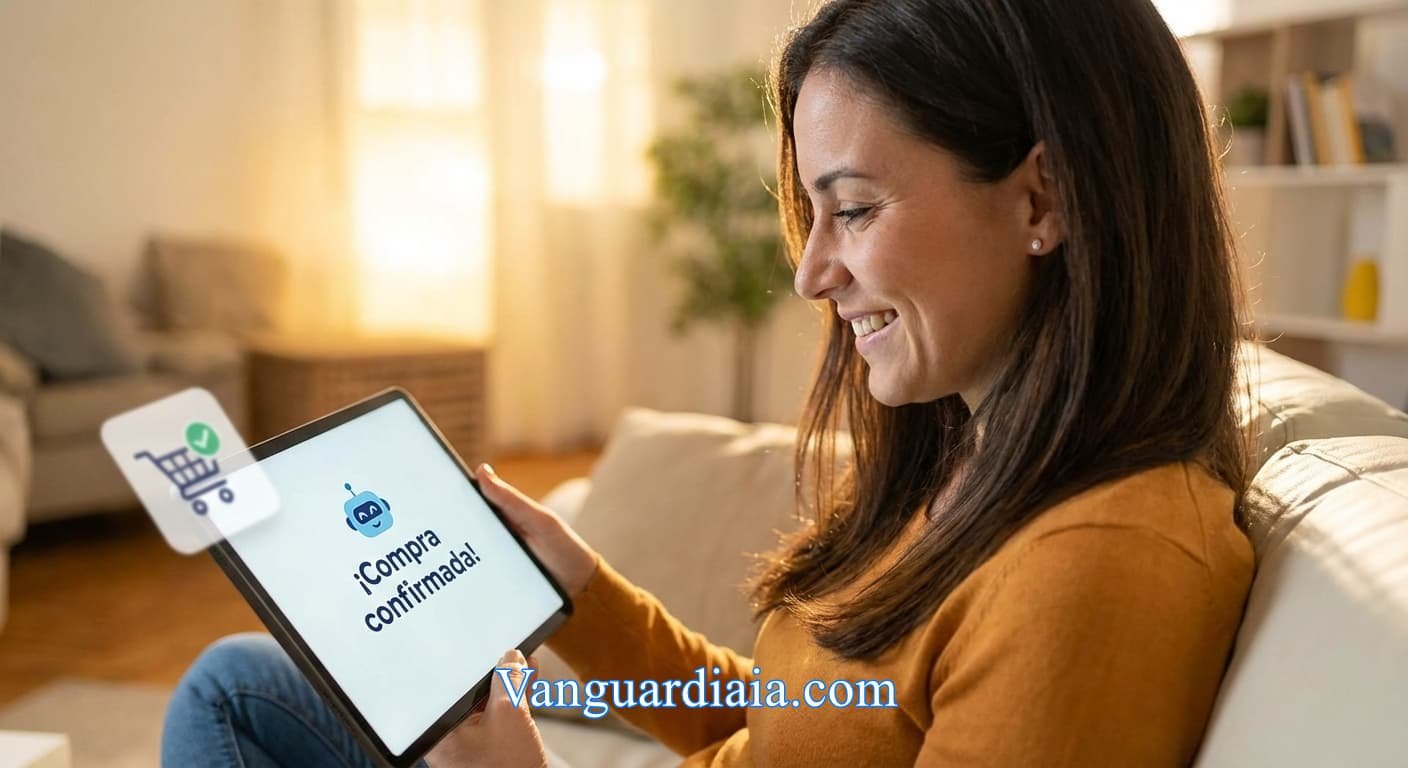 Una mujer sonriente confirma una compra con éxito gracias a la IA en Ecommerce 2026, evitando el abandono del carrito.