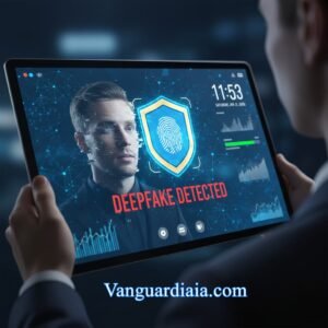 Sistema de IA en Finanzas 2026 detectando una estafa de identidad Deepfake en banca digital.