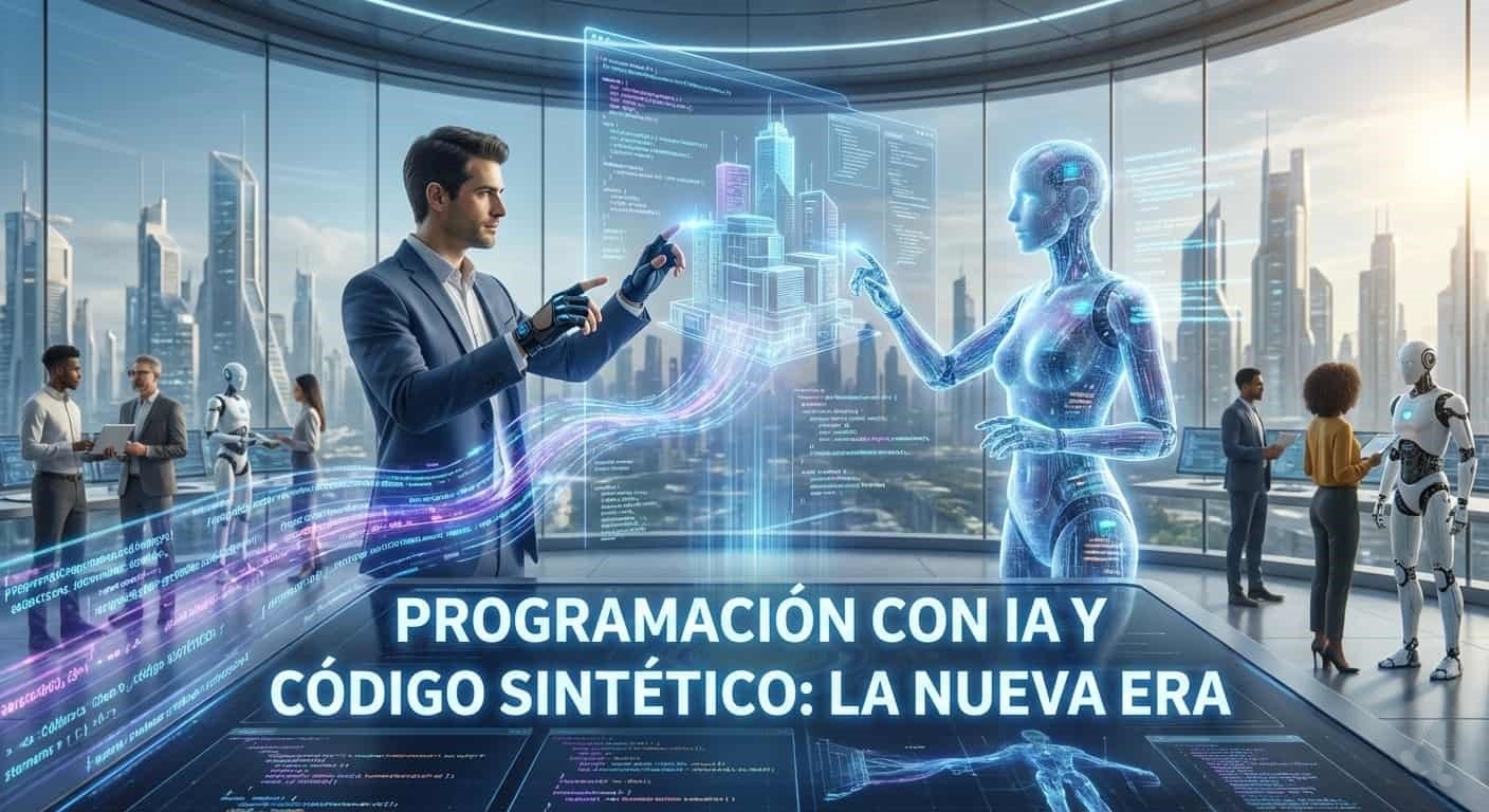 Desarrollador y figura de IA interactuando con código sintético y arquitectura de software en 2026.