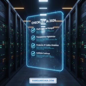 Interfaz digital con una lista de verificación (checklist) para el cumplimiento de la Ley de IA 2026, incluyendo auditoría, transparencia y protección de IP.