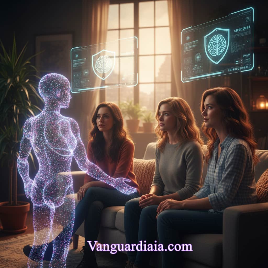 Personas interactuando con un psicobot de inteligencia artificial para la salud mental en 2026.