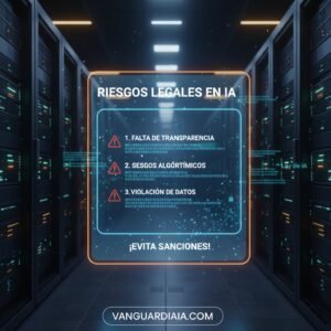 Representación visual de riesgos legales en IA, mostrando advertencias sobre infracciones de propiedad intelectual y cumplimiento de la normativa 2026.
