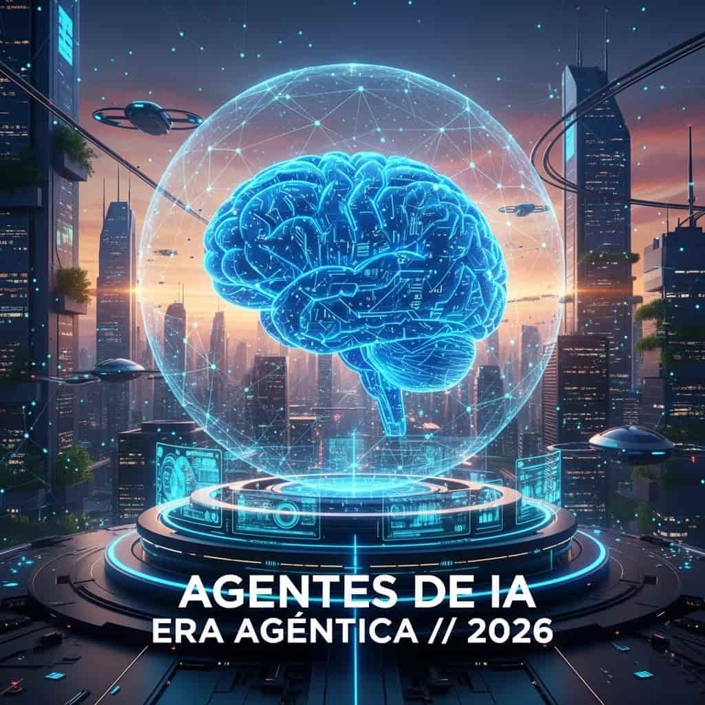 Representación visual de la era agéntica en 2026 mostrando un cerebro digital rodeado de una red de datos sobre una ciudad futurista con drones.
