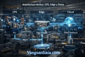 Arquitectura de Gemelo Digital industrial que integra CPS, PLC, Edge Gateway, MQTT y analítica en la nube con datos sintéticos.