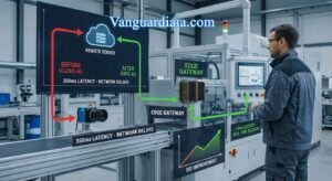 Infografía de arquitectura industrial comparando latencia de Cloud AI frente a la velocidad de respuesta de Edge AI en una fábrica.