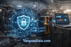 Edge AI procesando datos locales para mantenimiento predictivo seguro en planta industrial.