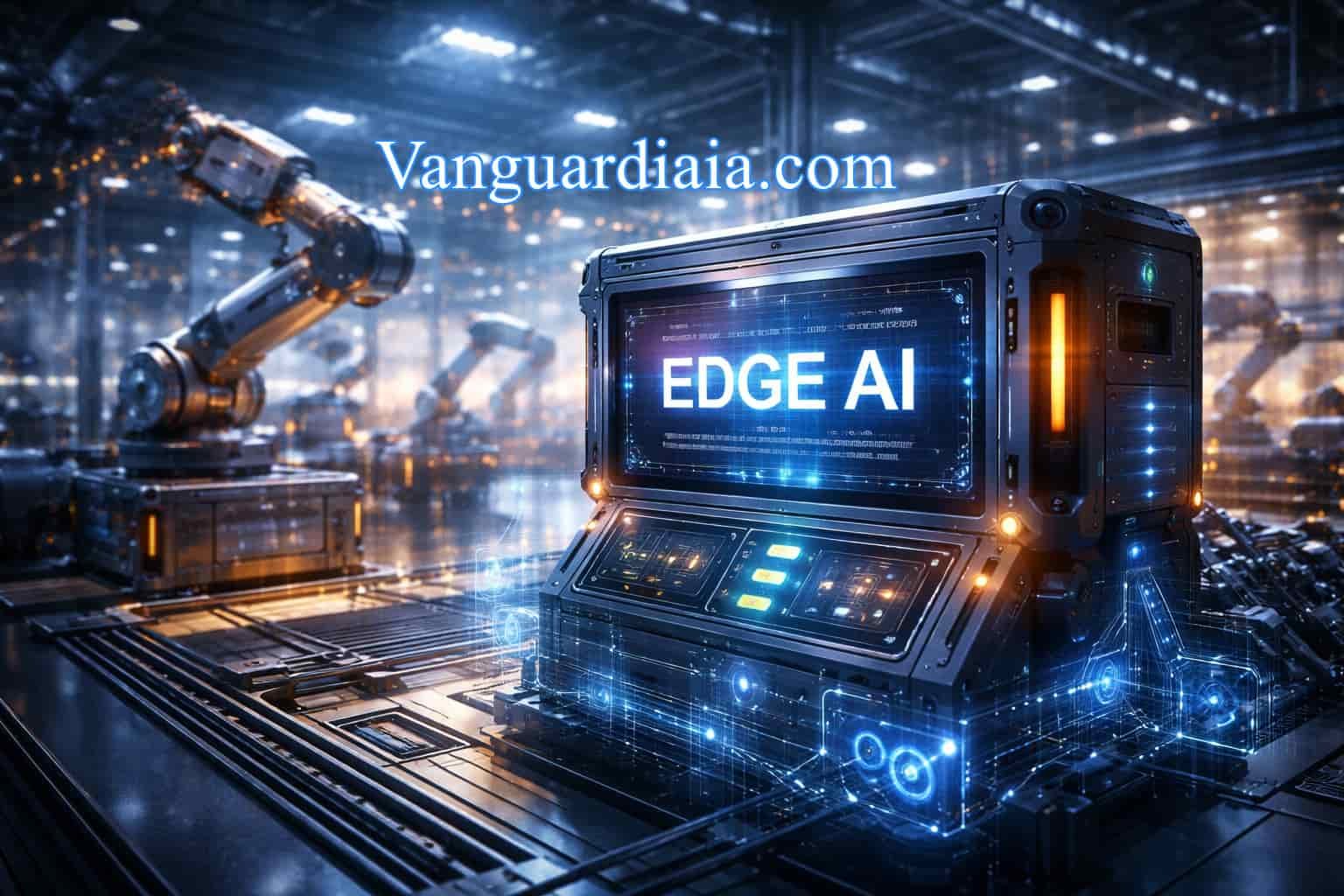 Sistema industrial con Edge AI procesando datos en tiempo real dentro de una fábrica automatizada con robótica avanzada.