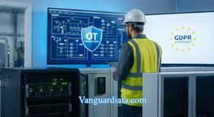 Monitorización de ciberseguridad OT y cumplimiento RGPD mediante nodos de Edge AI en una fábrica inteligente.