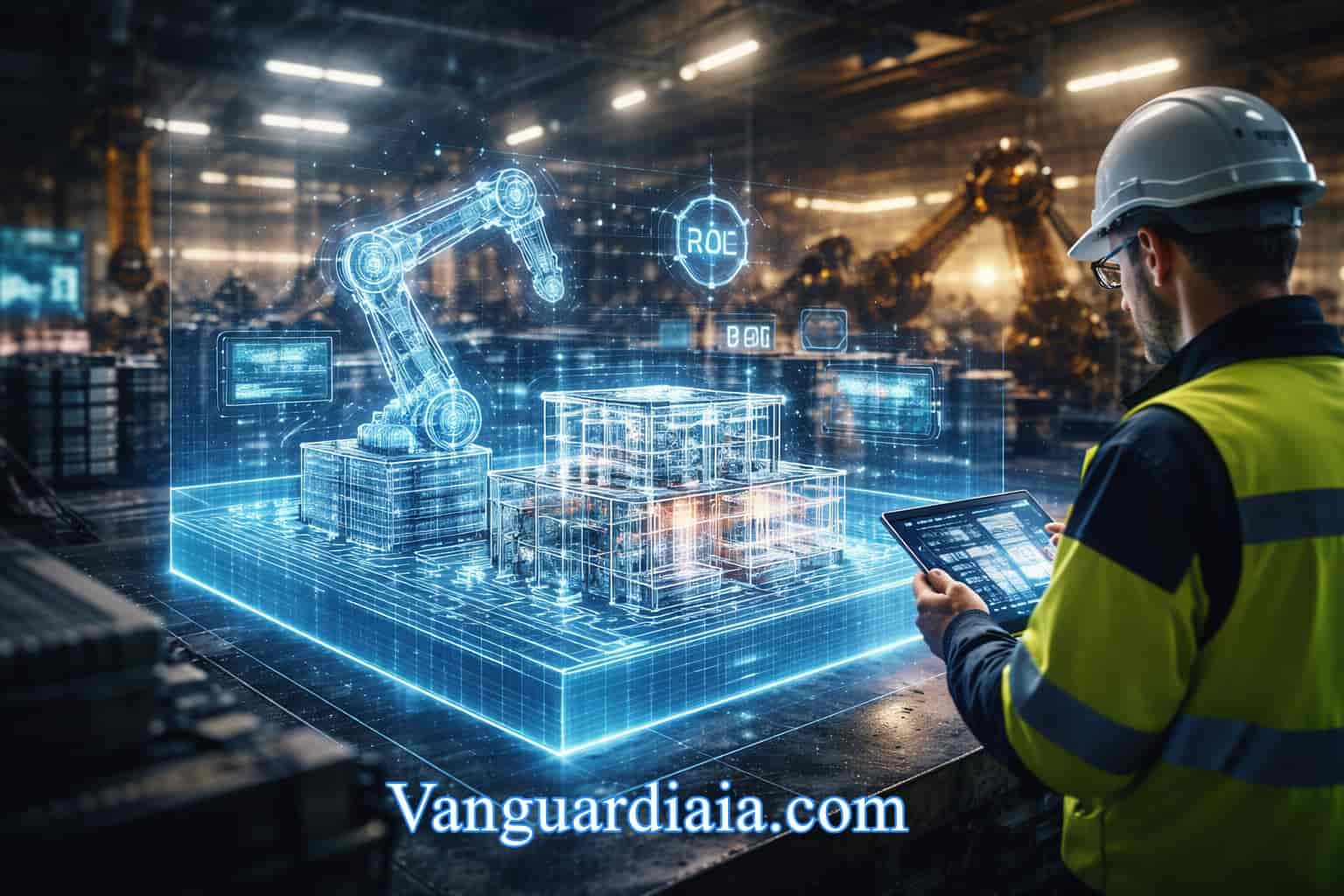 Gemelo Digital de una fábrica inteligente con robots industriales y simulación en tiempo real controlada desde una tablet