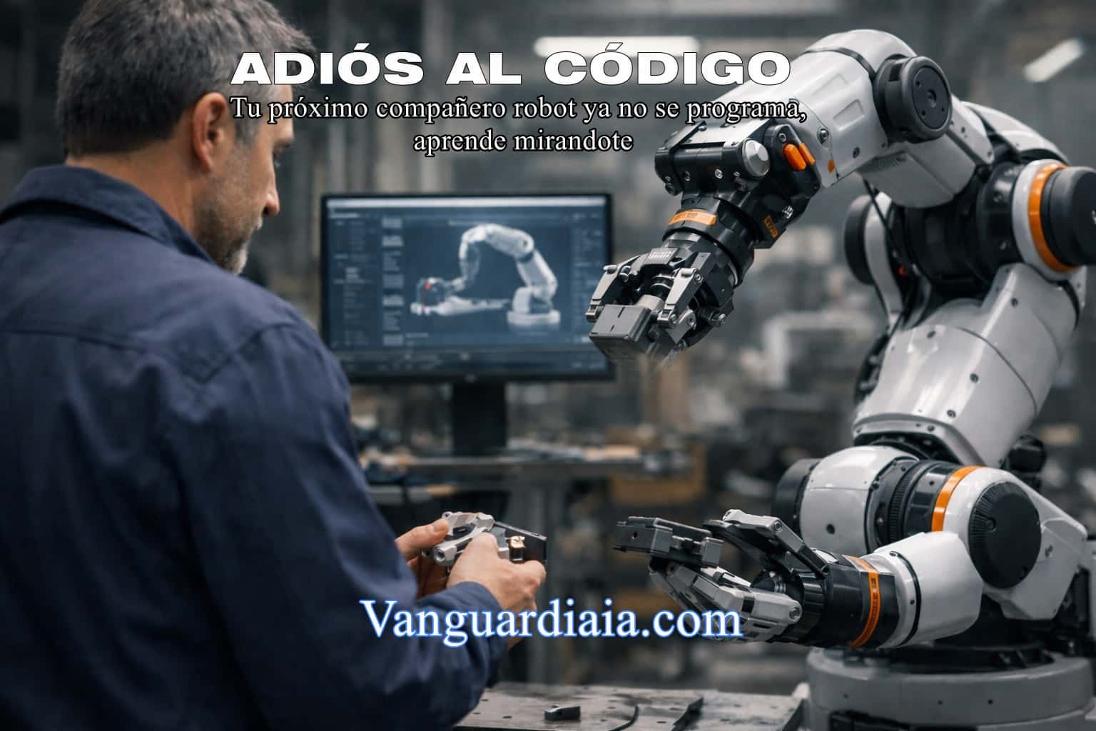 IA Física en acción: operario entrenando un brazo robótico mediante aprendizaje por demostración en una fábrica inteligente