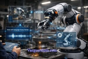 IA Física en acción: brazo robótico con modelo Vision-Language-Action manipulando una pieza mecánica en una fábrica inteligente.