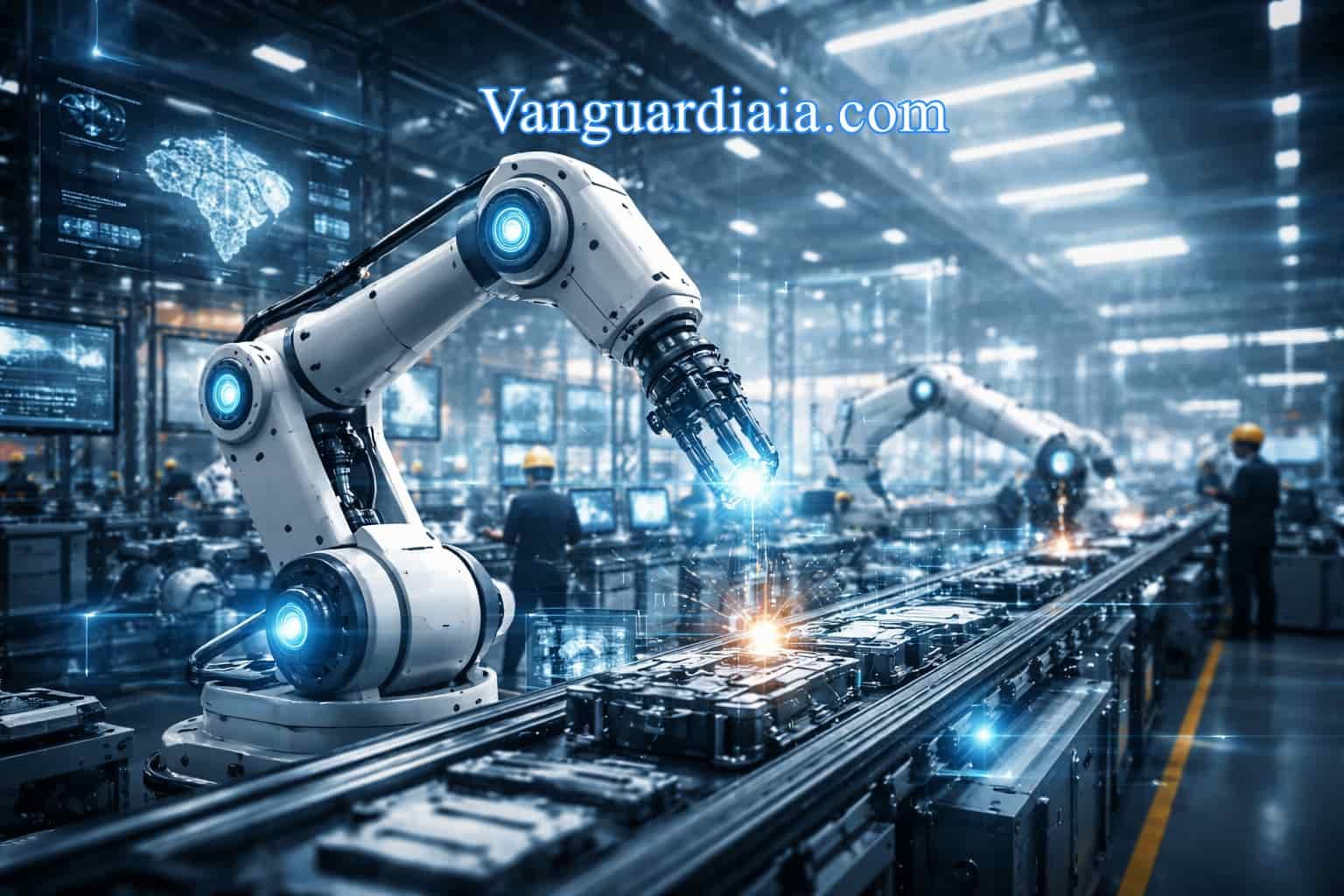 IA en la industria aplicada a una fábrica inteligente con robótica industrial y sistemas autónomos conectados en tiempo real.