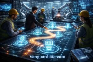 IA en la industria representada como un mapa de decisiones para transformar una fábrica tradicional en inteligente.