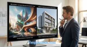 Comparativa de herramientas de IA en arquitectura: concepto abstracto generado en Midjourney frente a render técnico construible en Veras AI.