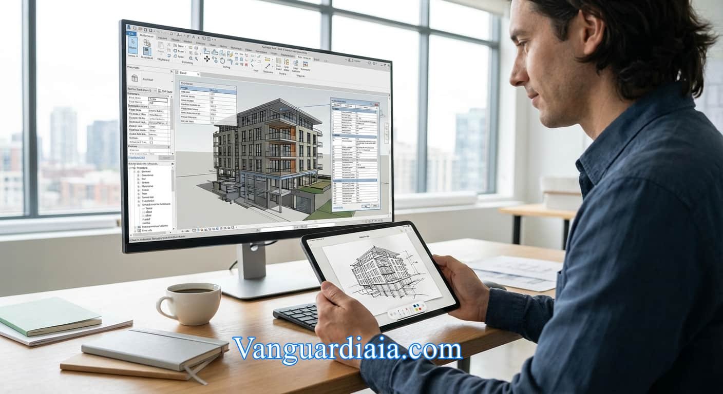 Arquitecto profesional utilizando IA en arquitectura para sincronizar un boceto manual en tablet con un modelo digital en el monitor.