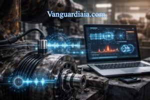 Sensores industriales capturando vibraciones para un sistema de mantenimiento predictivo basado en IA.