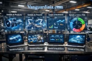 Gemelo Digital industrial mostrando los tipos de gemelo de producto, proceso, rendimiento y ciclo de vida en una fábrica inteligente.