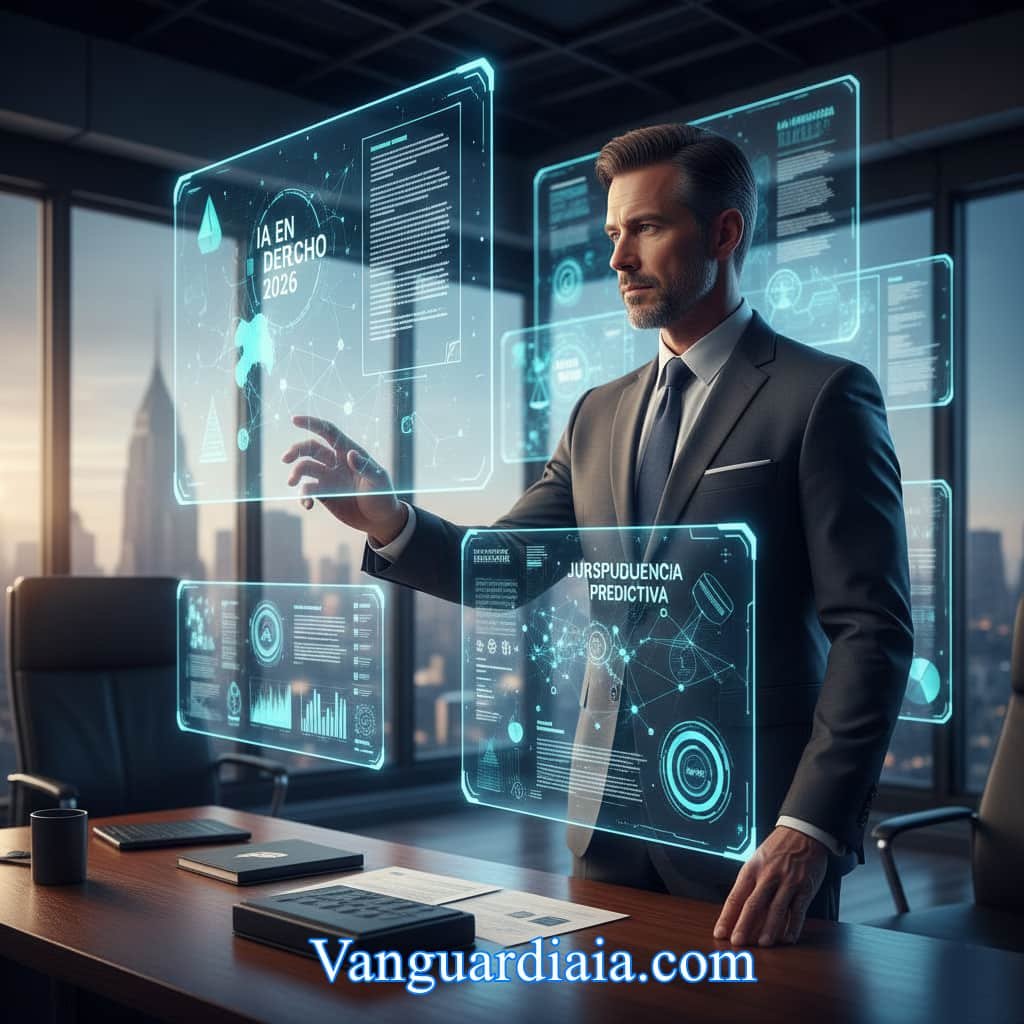 Un abogado profesional analizando datos de IA en Derecho mediante pantallas holográficas de jurisprudencia predictiva.