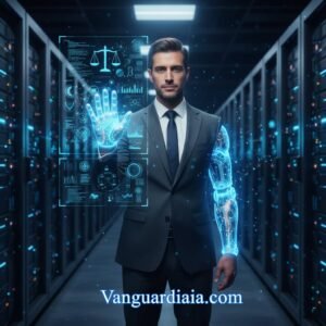 Un abogado moderno representando el concepto de Abogado Centauro mediante el uso de IA en Derecho y elementos biónicos digitales.