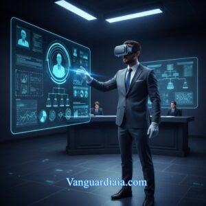 Abogado utilizando gafas de realidad virtual e IA en Derecho para simular juicios y preparar estrategias legales.