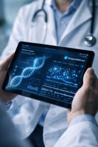 Médico analizando datos de ADN mediante inteligencia artificial en medicina para tratamiento personalizado.