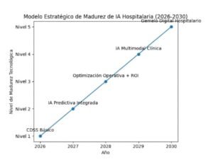 Modelo de madurez de la inteligencia artificial hospitalaria entre 2026 y 2030 mostrando evolución desde CDSS básico hasta Gemelo Digital hospitalario.