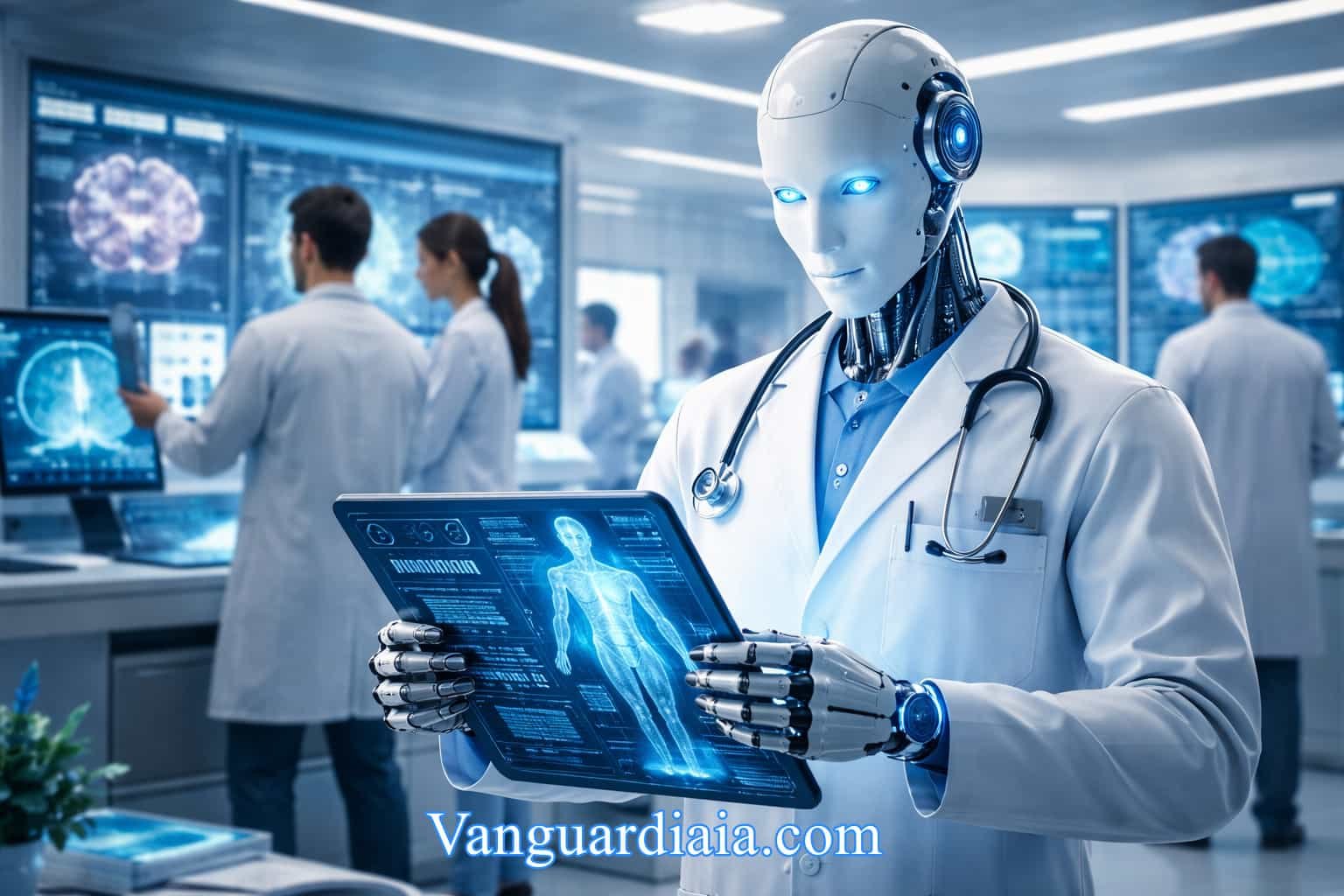 Inteligencia artificial en medicina aplicada en hospital con robot médico analizando datos clínicos digitales