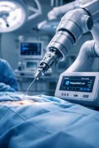 Brazo robótico de cirugía asistida por inteligencia artificial en medicina operando en quirófano real.