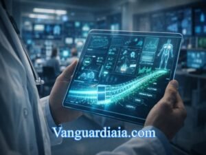 IA en Medicina 2026: Visualización de un flujo de datos médicos HL7/FHIR en una tableta clínica de un médico.