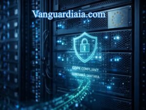 IA en Medicina 2026: Un centro de datos europeo seguro que simboliza la soberanía algorítmica y el cumplimiento del GDPR.